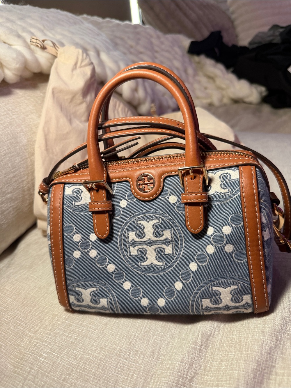 Tory Burch Blue Logo Jacquard Mini Satchel w Tan Leather Trim dust bag included
